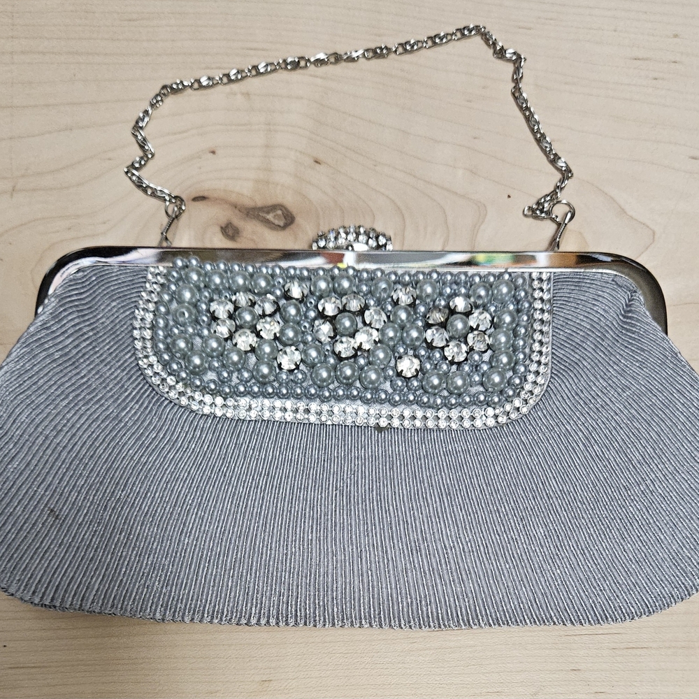 Elegant J Francis Silver Clutch with Beaded Detail NWOT